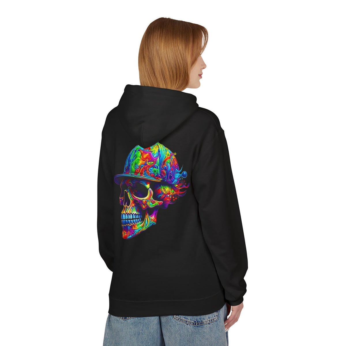 Psychedelic Skull Hoodie — Neon Skull Back Print Fleece Pullover