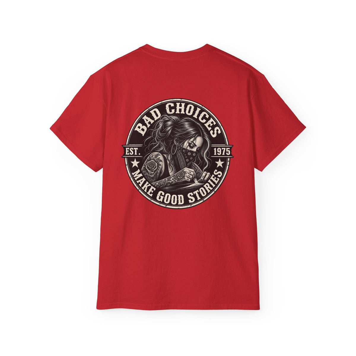Bad Choices Make Good Stories Graphic Tee — Vintage Skull Biker T‑Shirt