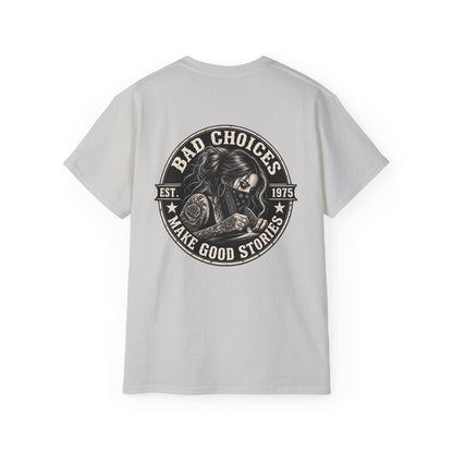 Bad Choices Make Good Stories Graphic Tee — Vintage Skull Biker T‑Shirt