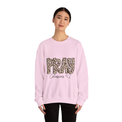 Prayer Sweatshirt - 'PRAY' Leopard Print Colossians 4:2 Christian Crewneck