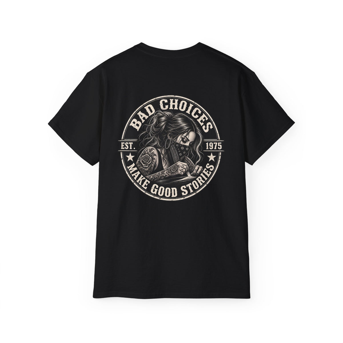 Bad Choices Make Good Stories Graphic Tee — Vintage Skull Biker T‑Shirt