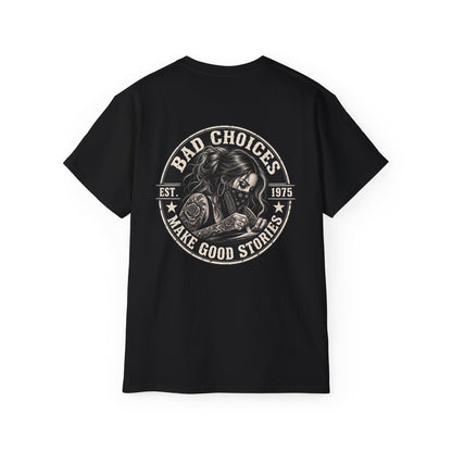 Bad Choices Make Good Stories Graphic Tee — Vintage Skull Biker T‑Shirt