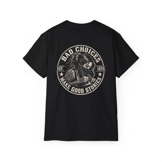 Bad Choices Make Good Stories Graphic Tee — Vintage Skull Biker T‑Shirt