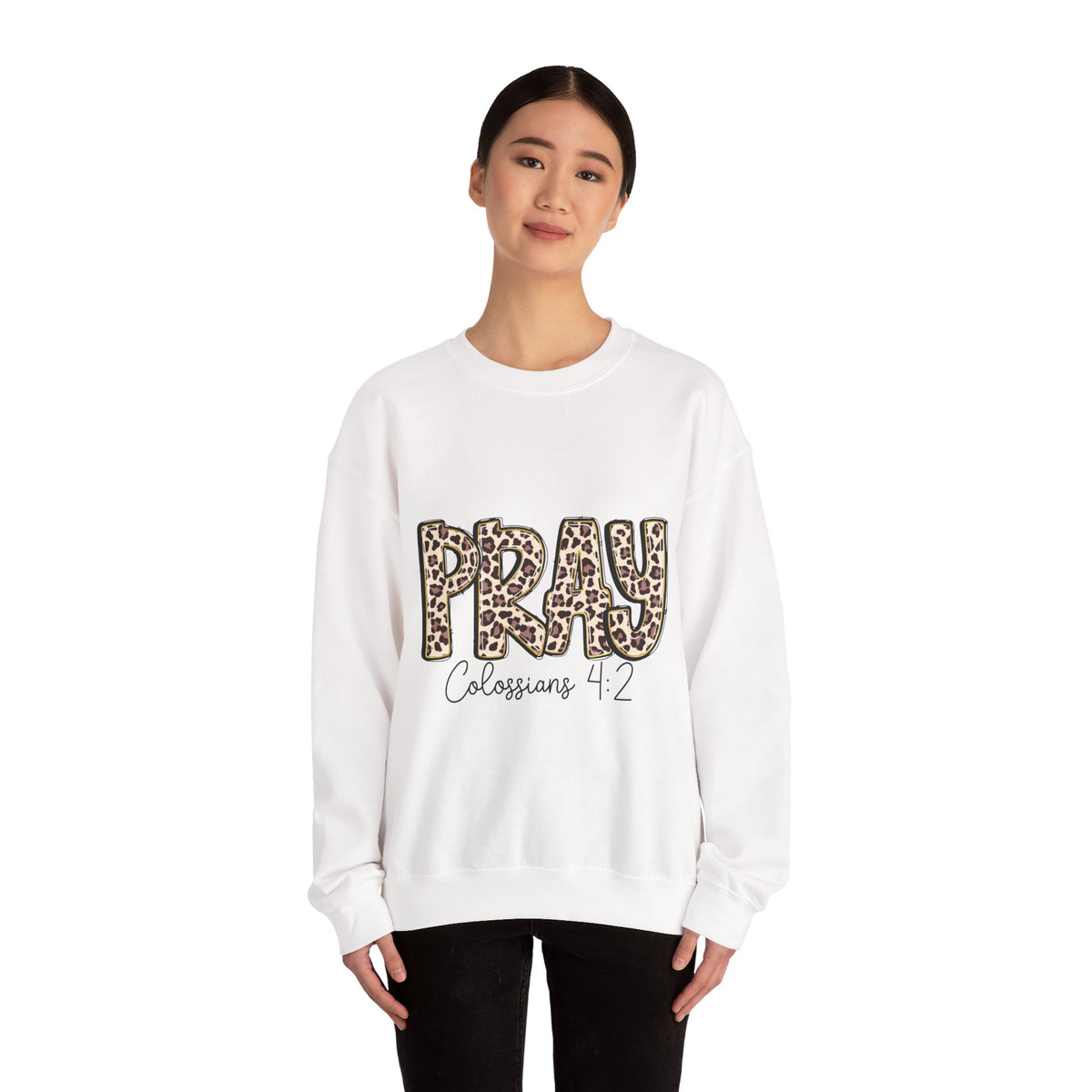 Prayer Sweatshirt - 'PRAY' Leopard Print Colossians 4:2 Christian Crewneck
