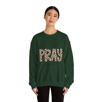 Prayer Sweatshirt - 'PRAY' Leopard Print Colossians 4:2 Christian Crewneck