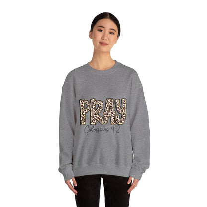 Prayer Sweatshirt - 'PRAY' Leopard Print Colossians 4:2 Christian Crewneck