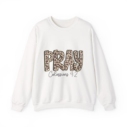 Prayer Sweatshirt - 'PRAY' Leopard Print Colossians 4:2 Christian Crewneck