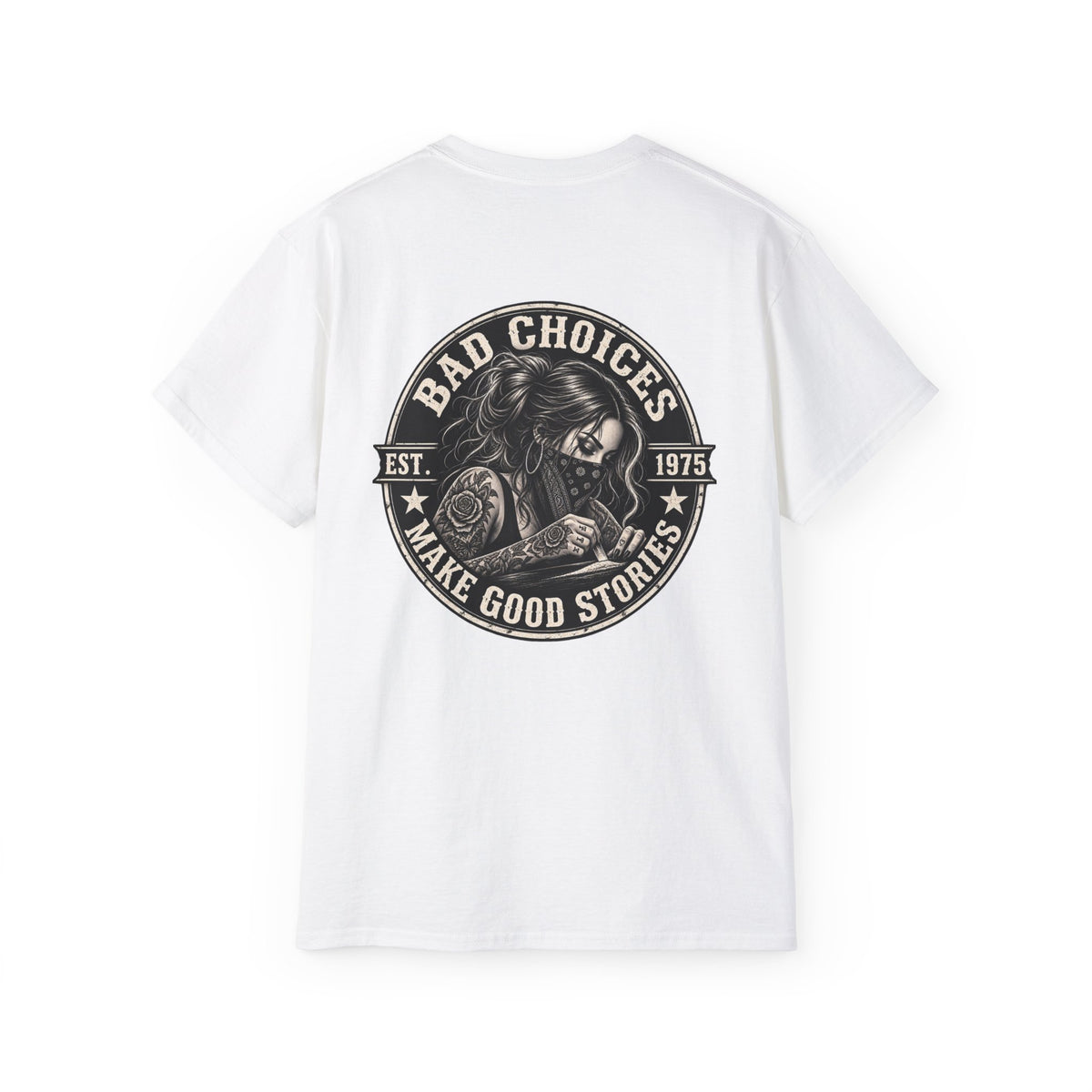 Bad Choices Make Good Stories Graphic Tee — Vintage Skull Biker T‑Shirt