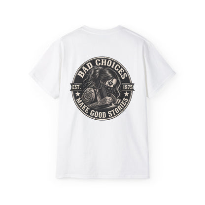 Bad Choices Make Good Stories Graphic Tee — Vintage Skull Biker T‑Shirt
