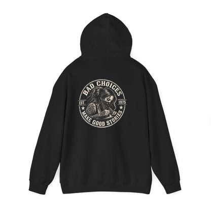 Bad Habits Make Good Stories Hoodie — Biker Skull Graphic Pullover