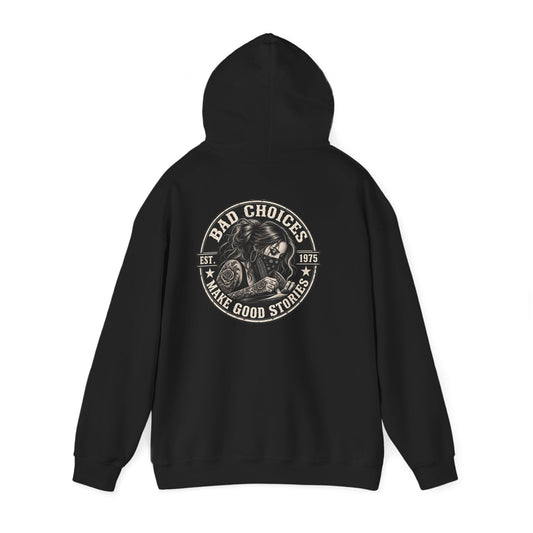 Bad Habits Make Good Stories Hoodie — Biker Skull Graphic Pullover
