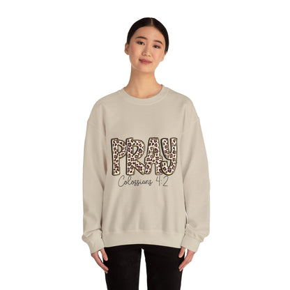Prayer Sweatshirt - 'PRAY' Leopard Print Colossians 4:2 Christian Crewneck